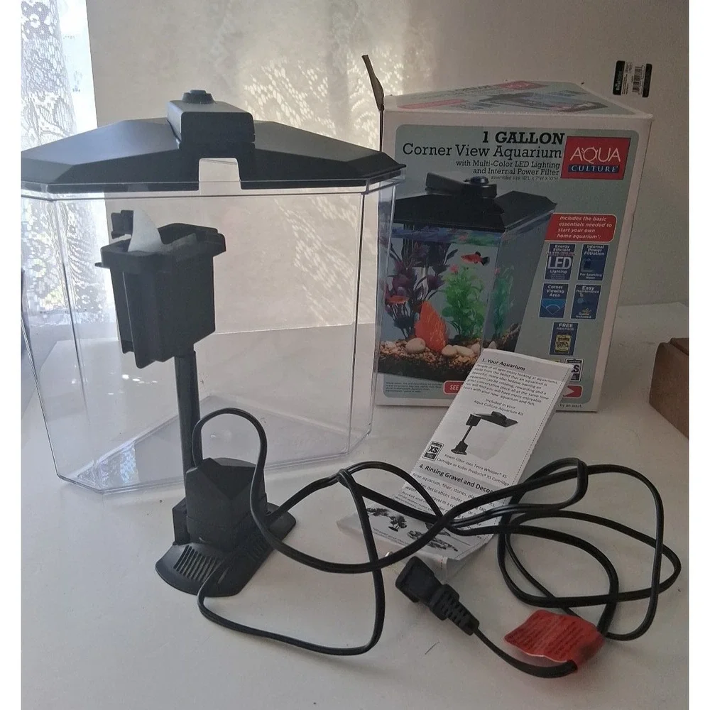 Aqua Culture 1 Gallon Corner View Aquarium w/Lighting & Filter New Open Box